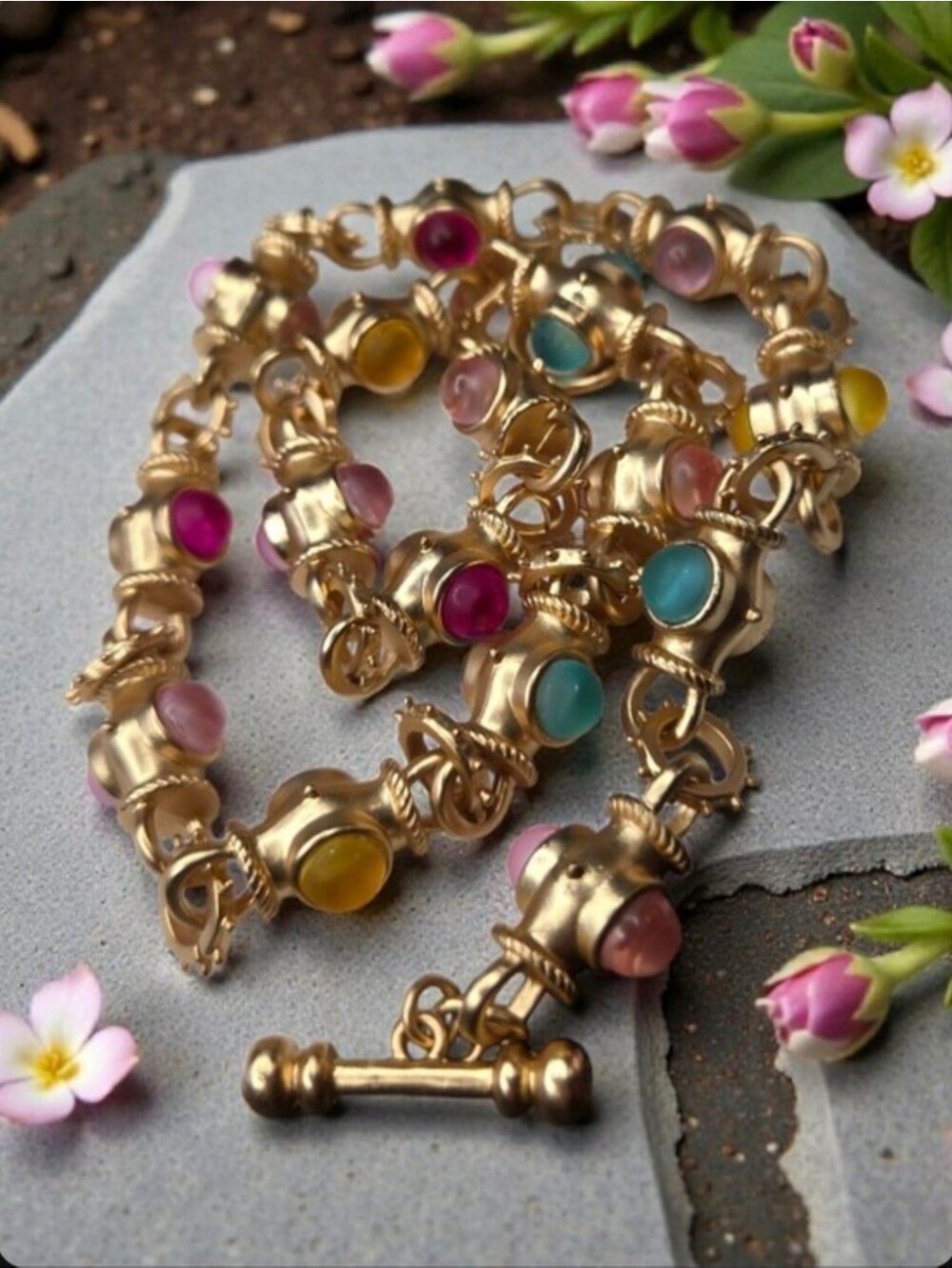 18k Matte Gold Byzantine Frosted Pastel Cabochon Toggle Necklace - Picture 2 of 5
